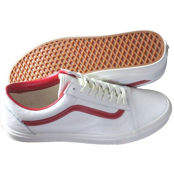 Vans Men's Old Skool Vintage Leather Blanc De Blanc White Red Shoes Sizes NIB - Picture 2 of 5